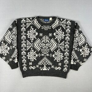 VTG Nordic Geometric Knit Sweater Large Gray White Wool Blend Fair Isle Pattern